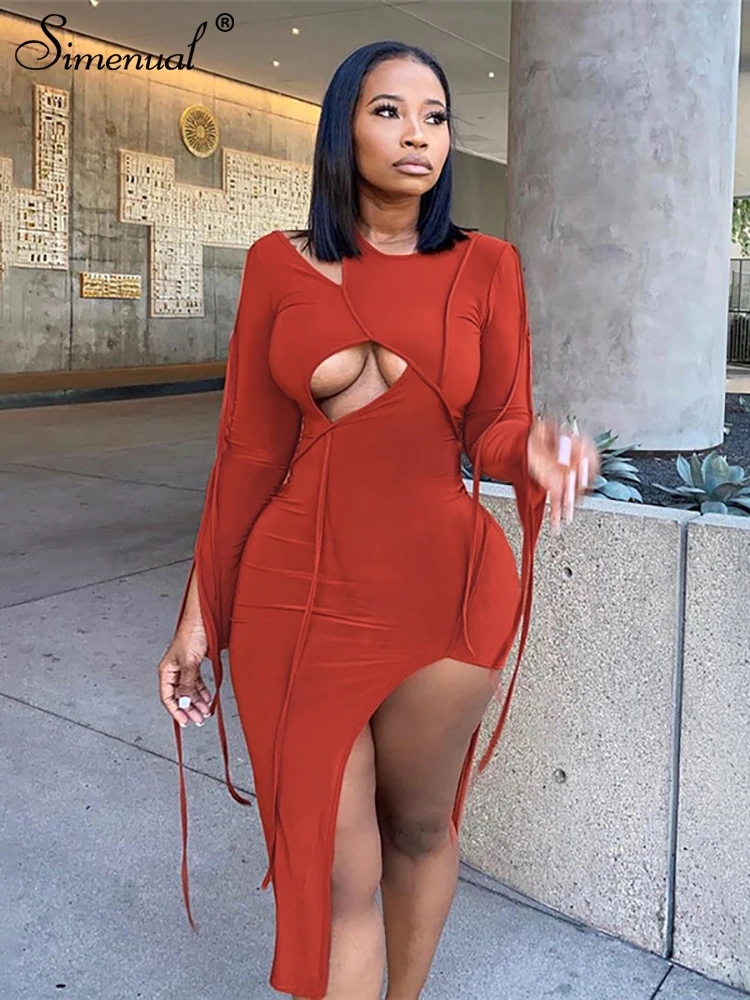 

Simenual Cut Out Split Sexy Hot Bodycon Midi Dresses Night Clubwear Birthday Outfits Strap Criss Cross Party Women Dress Fashion