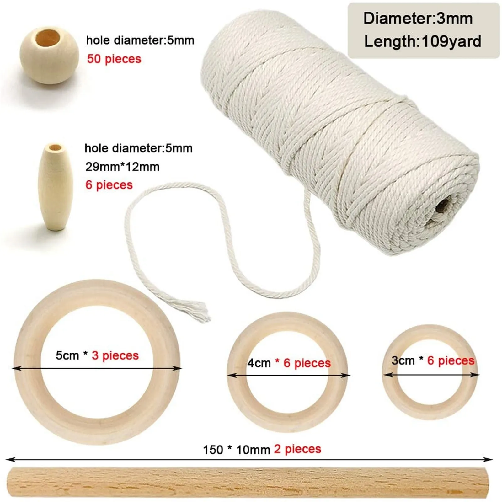 

Wooden Craft Macrame Cord Natural Cotton Rope With Wood Stick Wooden Bead For Diy Teether Macrame Kit Wall Hanging Cotton Wood