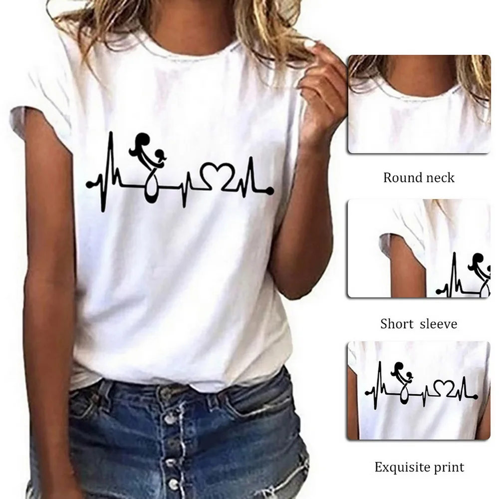 

2021 New Women Heartbeat Print Tops Female T-shirt 90s Harajuku Kawaii O-Neck Streetwear Ladies Graphic Summer Women Tee shirt