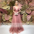 Berylove A-Line розовые длинные платья для выпускного вечера многоярусные тюлевые вечерние платья элегантные сексуальные вечерние платья с V-образным вырезом на молнии vestidos de