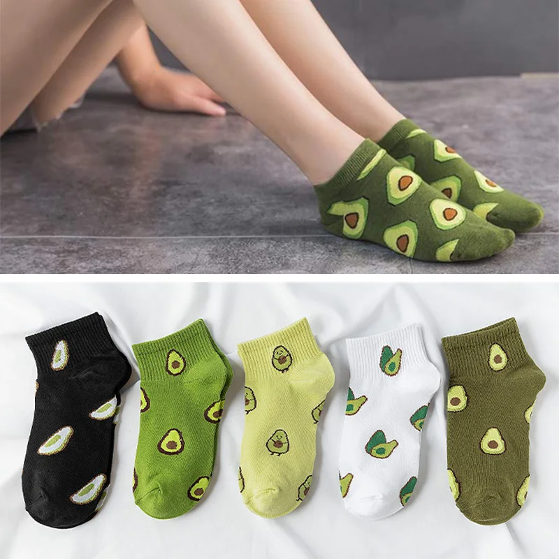 5Pairs/Lot Avocado Short Socks Kawaii Funny Cotton Harajuku Colorful Fashion Cartoon Duck Cat Bear Happy Soft Men Women Socks