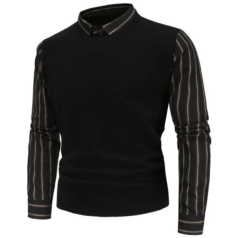 

Новинка Осень-зима 2021, британский облегающий Повседневный эластичный простой черный мужской свитер с имитацией двух предметов, бесплатная ...