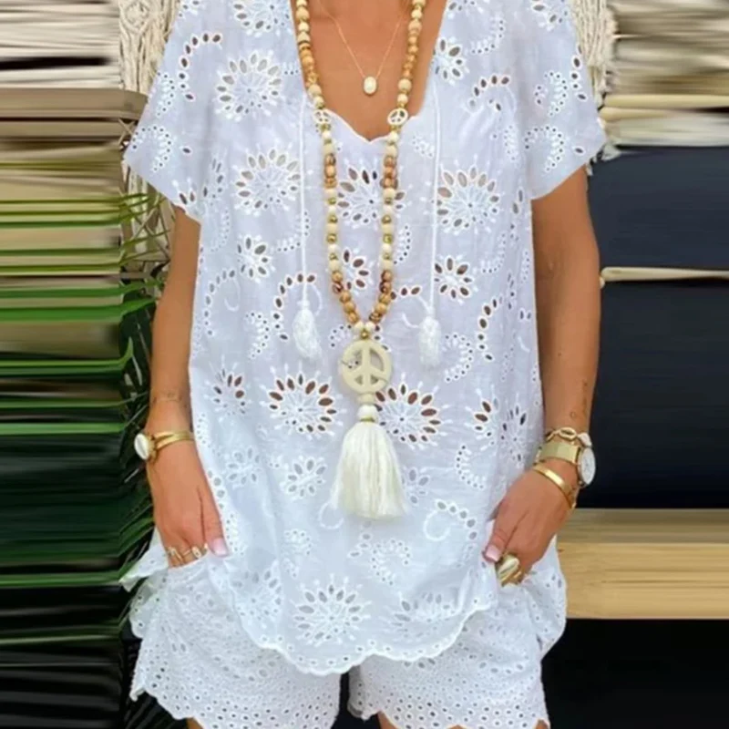 

2021 Spring Summer Hollow Out Mesh Sets Women Sexy V Neck Blouse Pullover and Pocket Shorts Suit Fashion Solid Two Piece Outfits