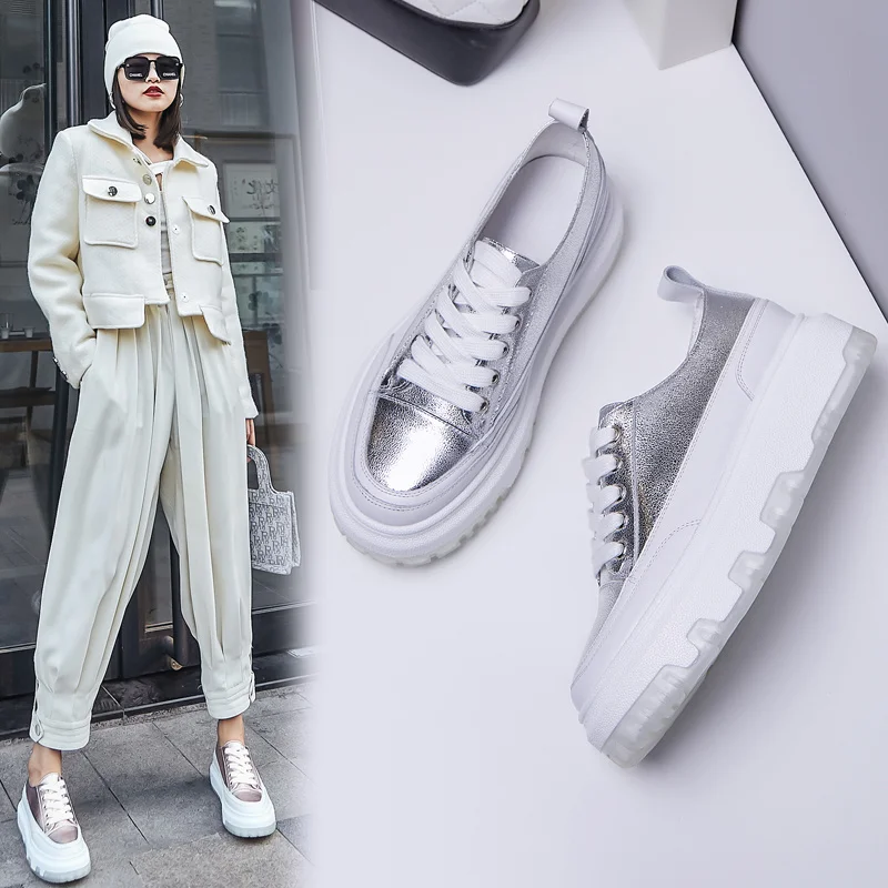 

Vulcanized Casual Women Sheepskin Leather Flat Platform Loafers Shoe Lace Up Board Silver Student Sneakers Shoes