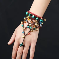 bohemian style turquoise glazed wax rope hand woven finger one piece bracelet copper bell ethnic style women bracelets on hand