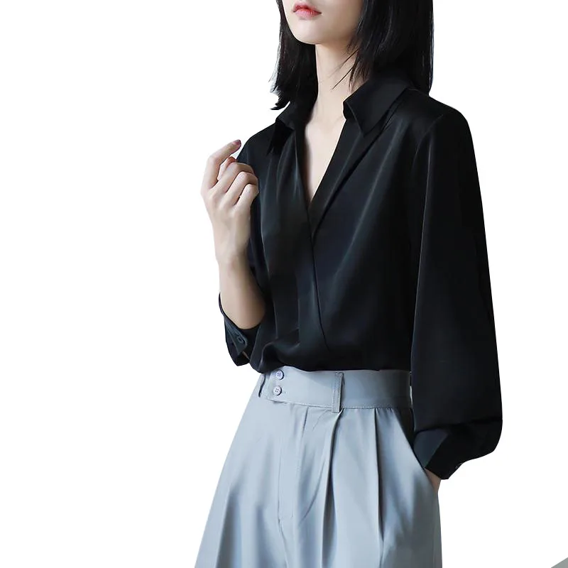 

Korean Fashion V-Neck Blouses Women 2021 Elegant Office Lady Long Sleeve Chiffon Clothes Loose Slim Designing Tops Spring