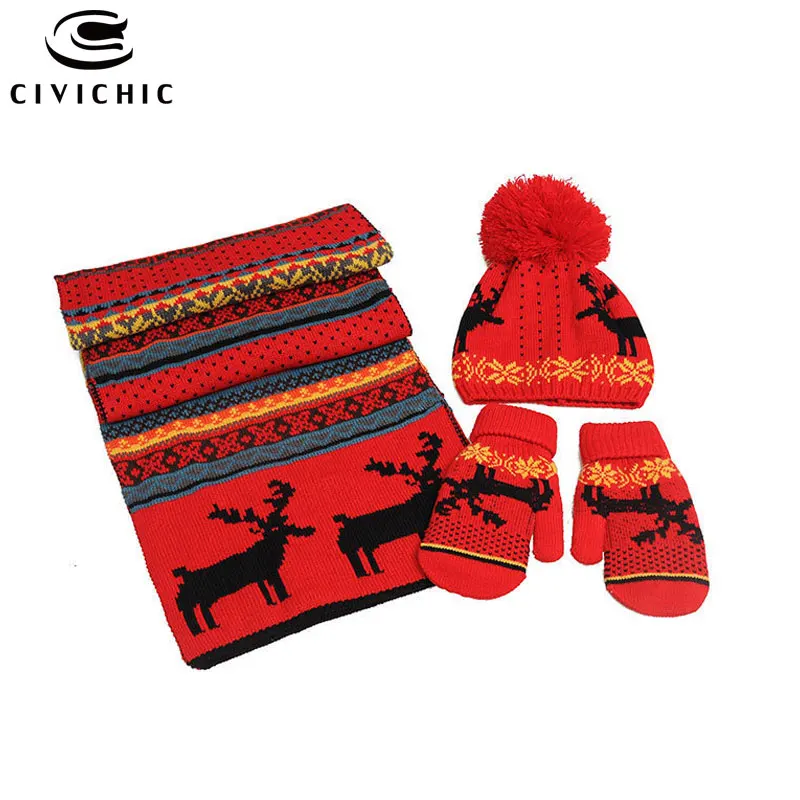 Red 3PCS Шикарный осенне-зимний Рождественский трикотаж, шапка, шарф, перчатки, комплект из 3 предметов, теплые флисовые рождественские шапочки с помпоном, вязаные крючком шапки, шали, шапки, варежки SH115 - Цвет: Red 3PCS