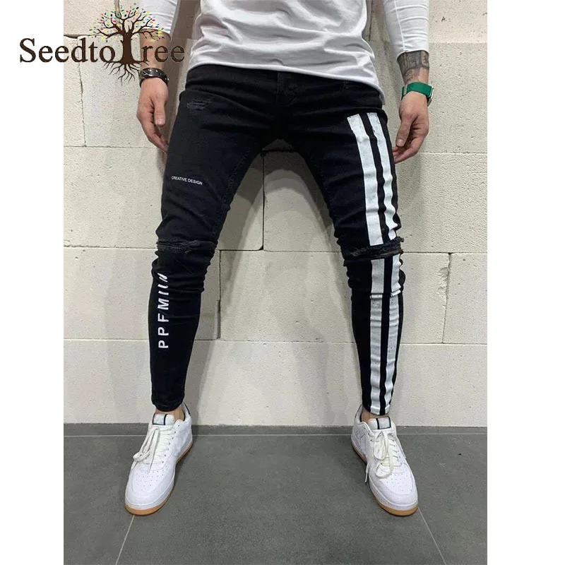 Stripe Printing Hole Casual Men's Jeans Pencil Pants Slim Denim Trousers