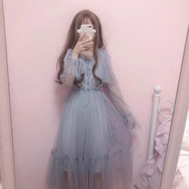 

2021 Spring Autumn New Fashion Sweet Elegant Stars Sequins Mesh Ruffles O-neck Dress Mid-calf Small Fairy Dresses Vestidos Y523