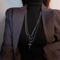 new punk minimalist cross round circle pendant necklace for women men silver color double layer chain sweater t shirt necklace