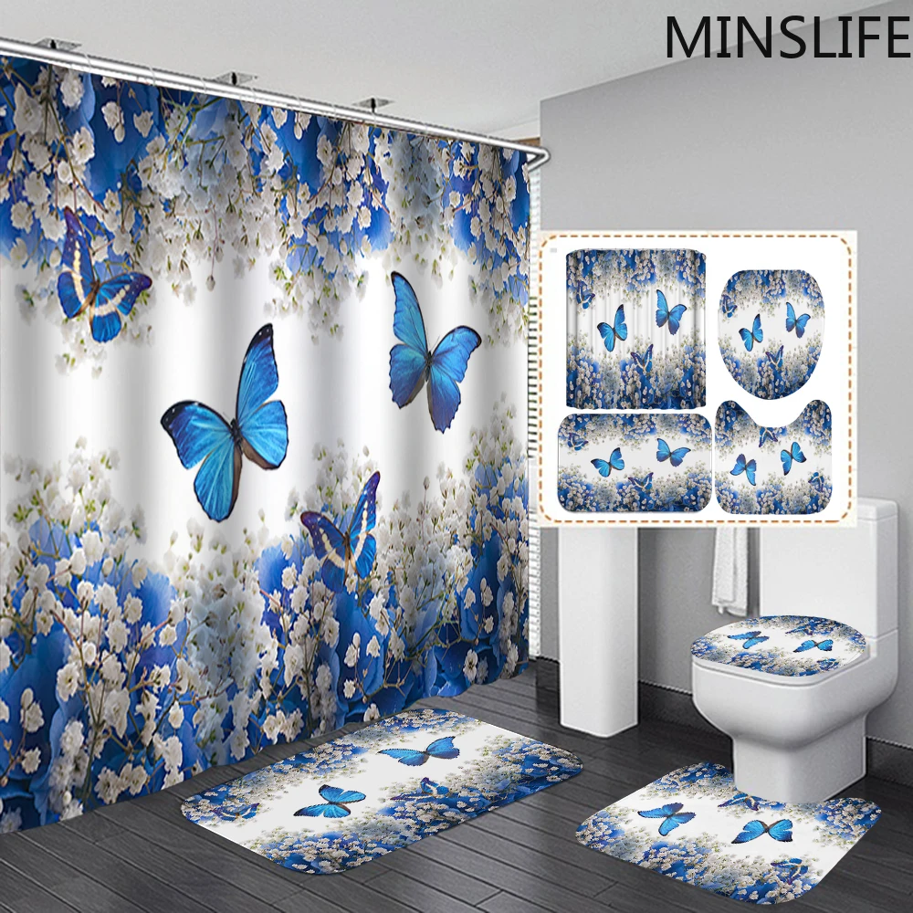 

Blue butterflies in the flowers Pattern Bathroom Shower Curtain and Rug Sets Pedestal Rug Lid Toilet Cover Mat Bath Curtains