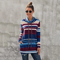 2021 autumn winter sweatshirts women mid length pullover multicolor stripe pocket long sleeve high neck hoods