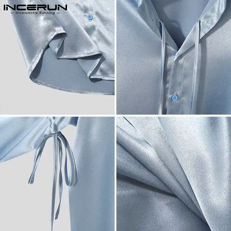 

Fashion Men Shirt Solid Color Shiny Lapel Lace Up 2021 Tops Streetwear Long Sleeve Loose Party Casual Shirts Camisas 5XL INCERUN