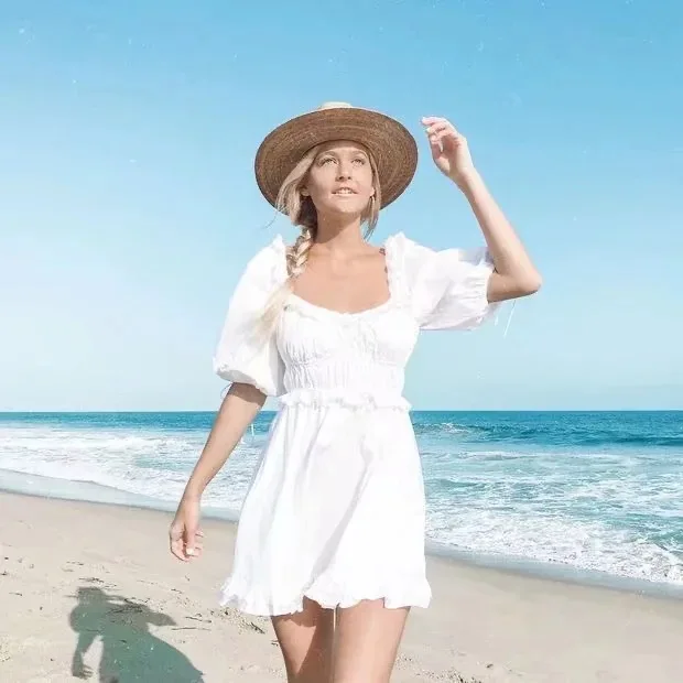 

lantern sleeve white party dress women square neck ruffle summer dress elegent elastic bust Daily office lady women mini dress