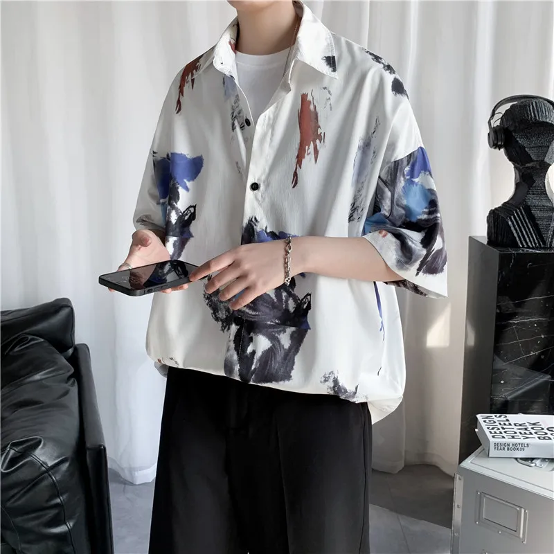 

Men New Graffiti Five-Point Sleeve Shirt Summer Loose Trend Casual Thin Short-Sleeve Single-Breasted Breathable Outdoor Shirt