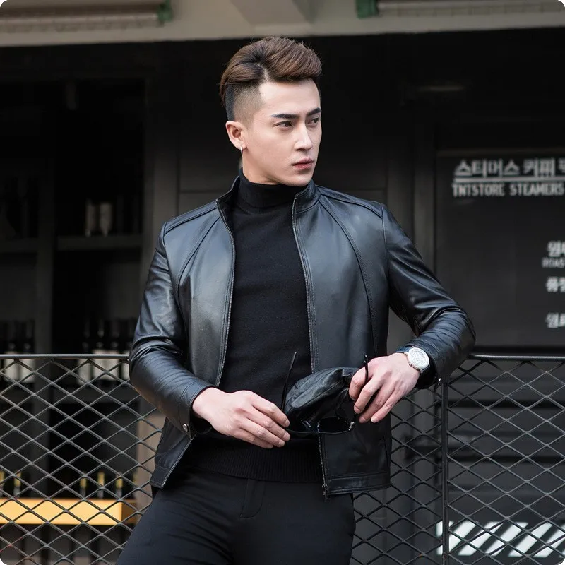 Мужская куртка из натуральной овечьей кожи осенняя повседневная мотоциклетный