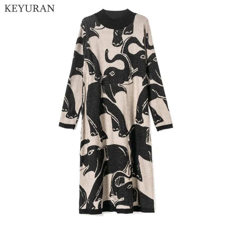 Осенне зимнее женское жаккардовое платье свитер с высоким воротником женский
