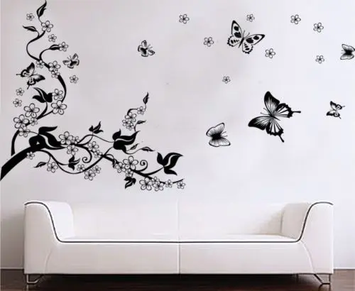 Огромные черные виниловые наклейки на стену с цветами бабочками листьями