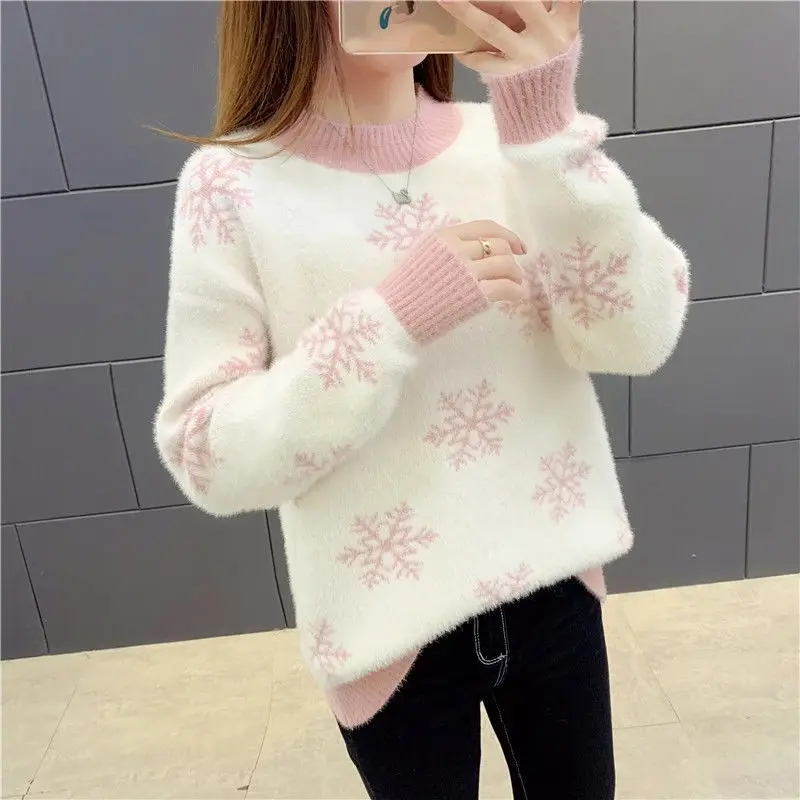 

Sweater Women's Autumn and Winter Imitation Mink Velvet Half High Neck Girl Loose Single Wear All-match Sweater Bottoming Shirt