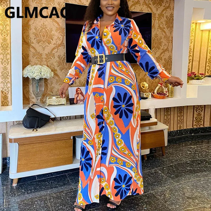 

Women Vintage Printed Shirt Maxi Dress Elegant OL Long Dress