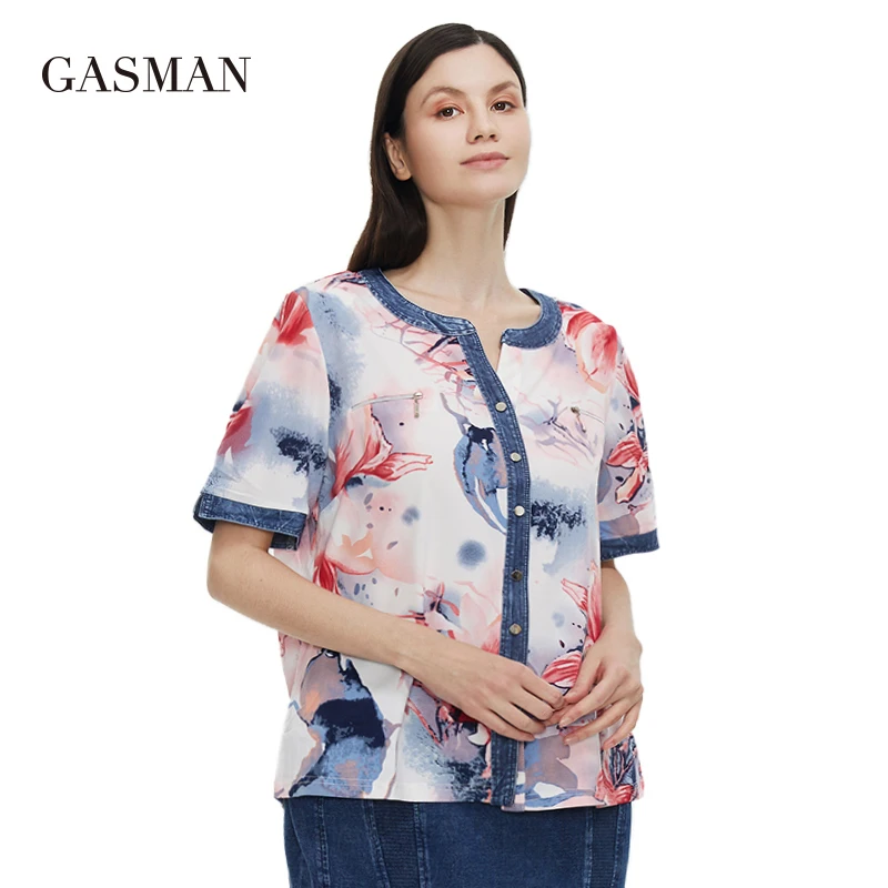 

GASMAN 2021 New Summer women's t-shirt Quality vintage Top female Denim O-neck Buckle short sleeve Blouses plus size 7xl 0137
