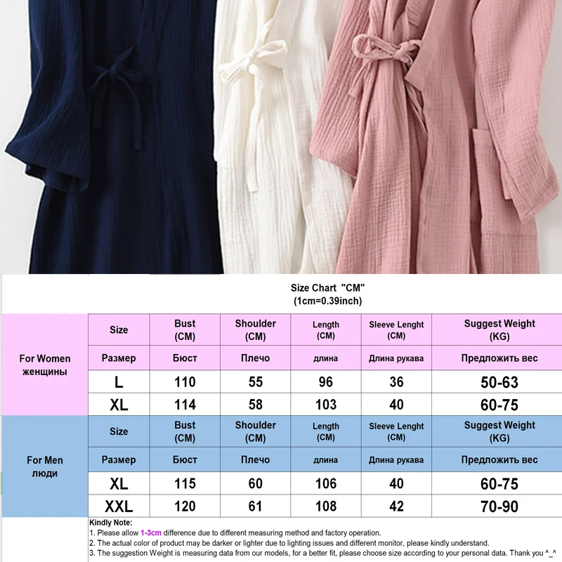 Kimono Bathrobe Sleepwear Nightgown Summer Nightwear Dressing Couple's Pajamas 100% Cotton Lingerie Intimate Japanese-Style Pink