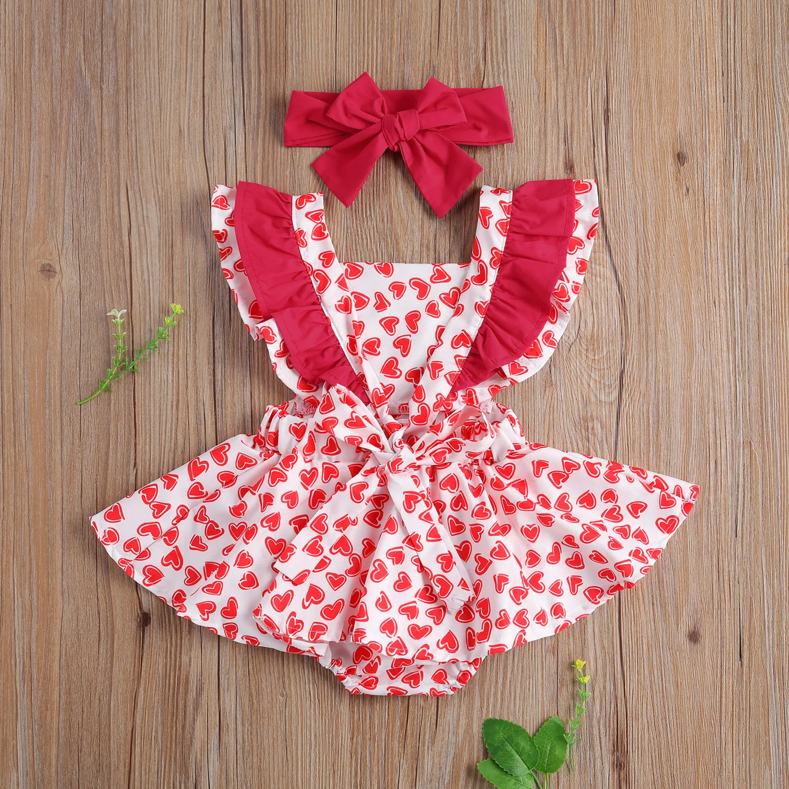 

6m-24m Summer Baby Girls Ruffles Fly Sleeve Jumpsuits Sweet Heart Pattern Bandage Romper and Headband