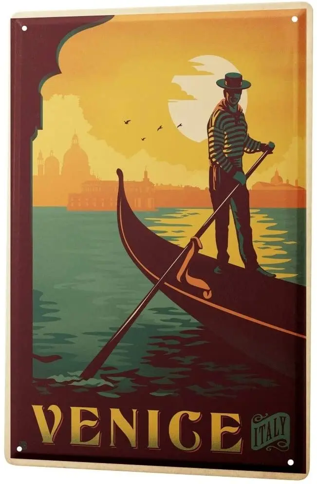 

Tin Sign Metal Plate Decorative Sign Home Decor Plaques World Tour Venice Italy Gondola Gondoliers Metal Plate 8X12