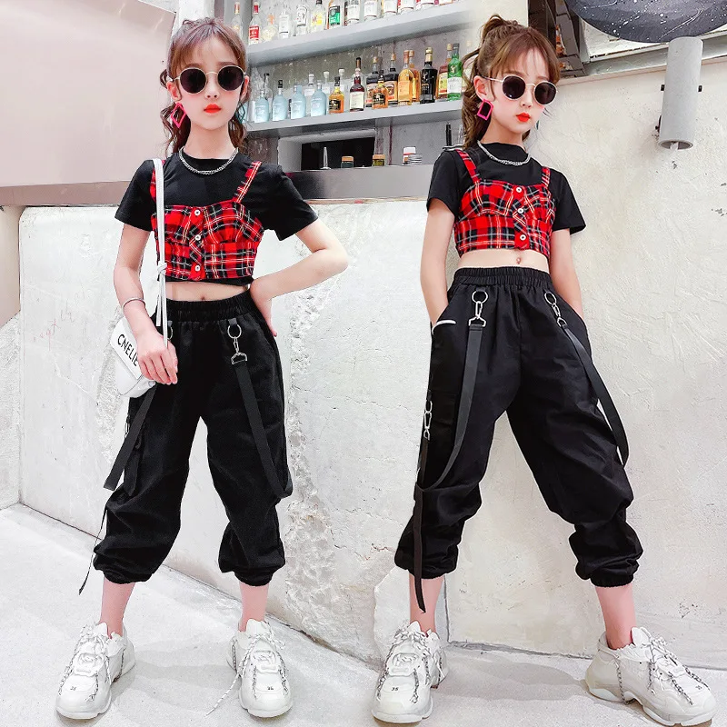 

2021 New Cool Girl 2piece Set Summer Children Set Kids Wear Set Fashion Black Set 120cm -170cm Teen Girl Short Top + Black Pants