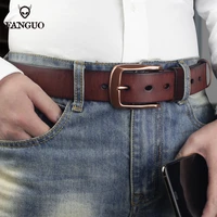 vintage cowhide leather mens belt handmade solid cowskin belt brass pin buckle metal belts male 3 7cm width