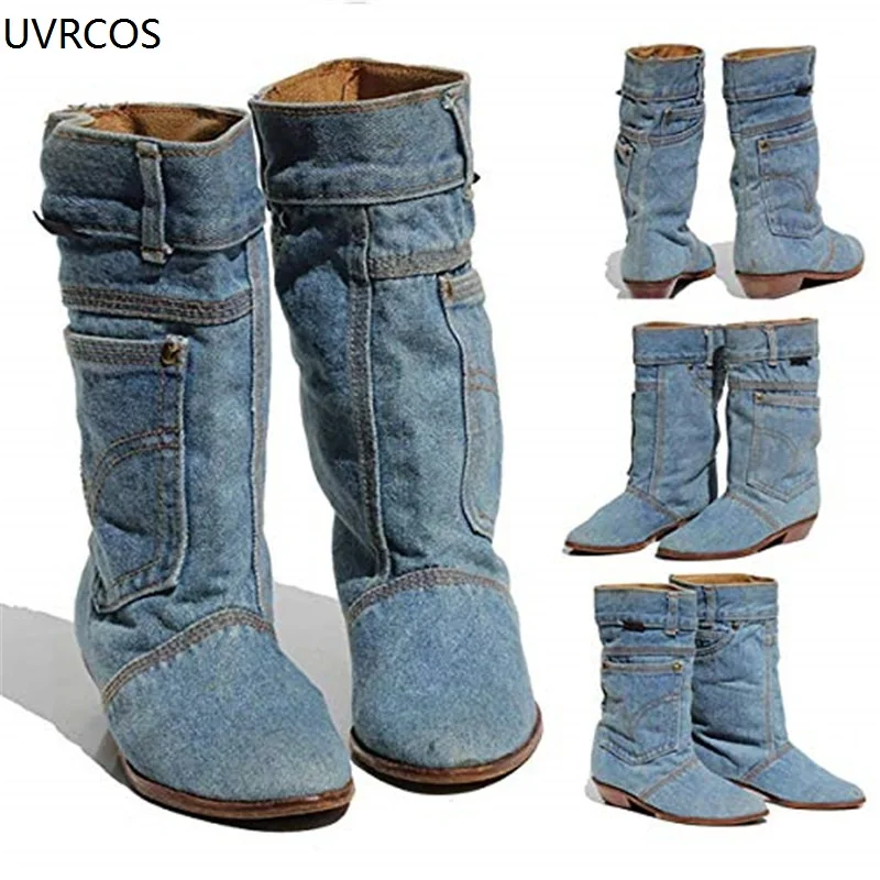 

Denim middle tube retro European and American women's boots low-heeled casual large size cowboy boots ladies autumn and winter