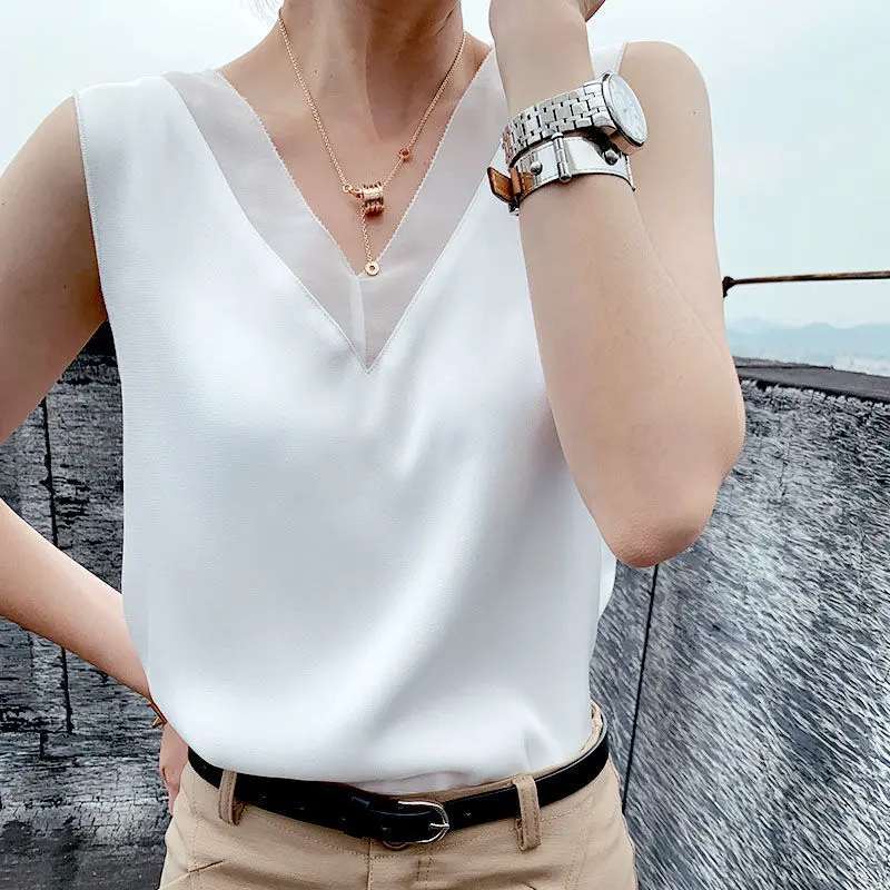 WYBLZ-blusas blancas y negras para mujer, Túnica elegante de verano, chaleco Vintage de gran tamaño para oficina, blusa de seda satinada, Tops de gasa, camisa para mujer