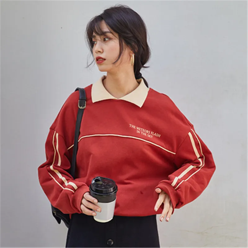 

2020 New Arrivals Women Plus Fleece Sweatshirt Square Collar Red Long-sleeved Loose Pullovers Tops Casual Lady Tee