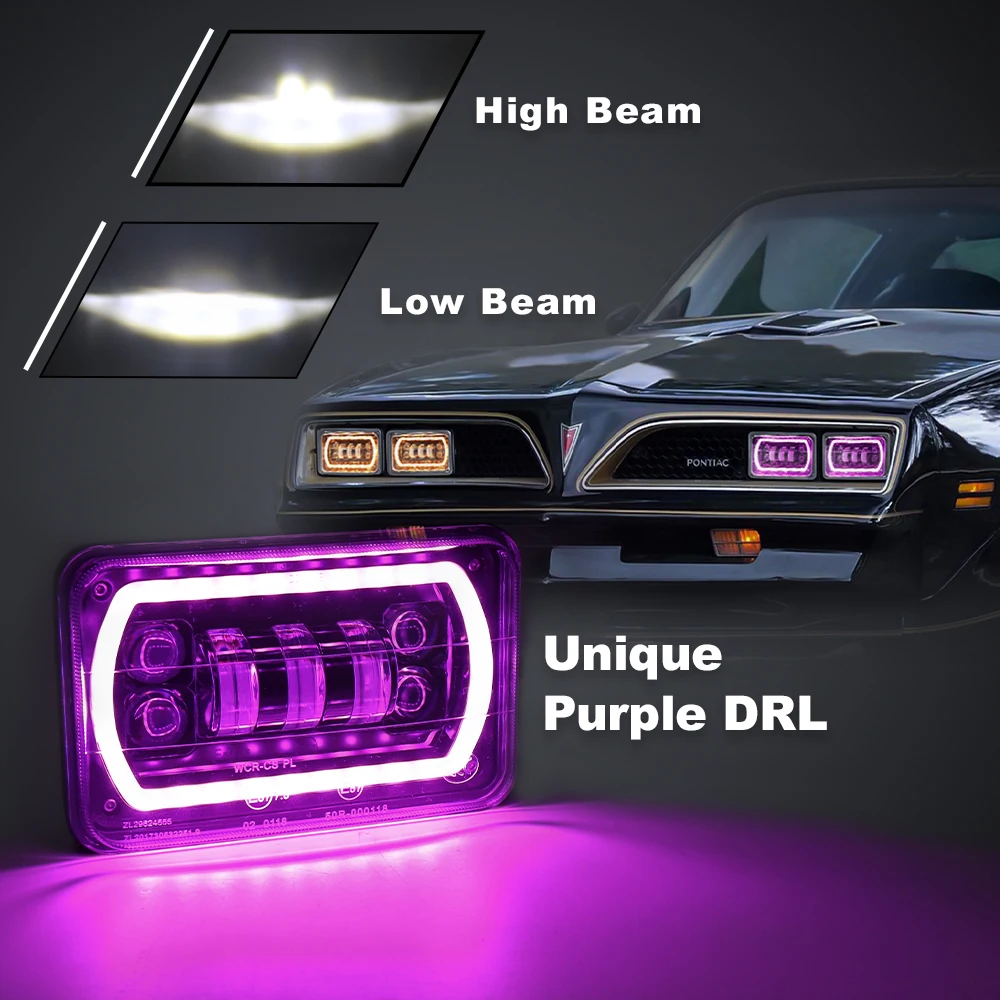 2 Pcs 4X6 Car Led Headlights Square Pink Halo DRL Amber Turn Signal Sealed High Low Beam Replacement For Ford Trucks Off Road