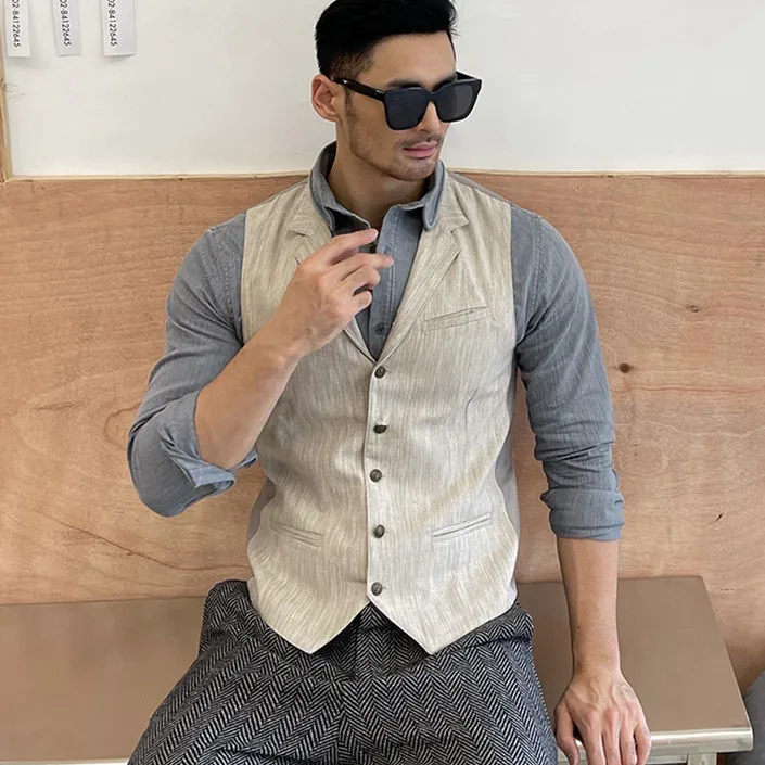 Весенне летний новый мужской жилет из пенькового хлопка с отворотом Мужской