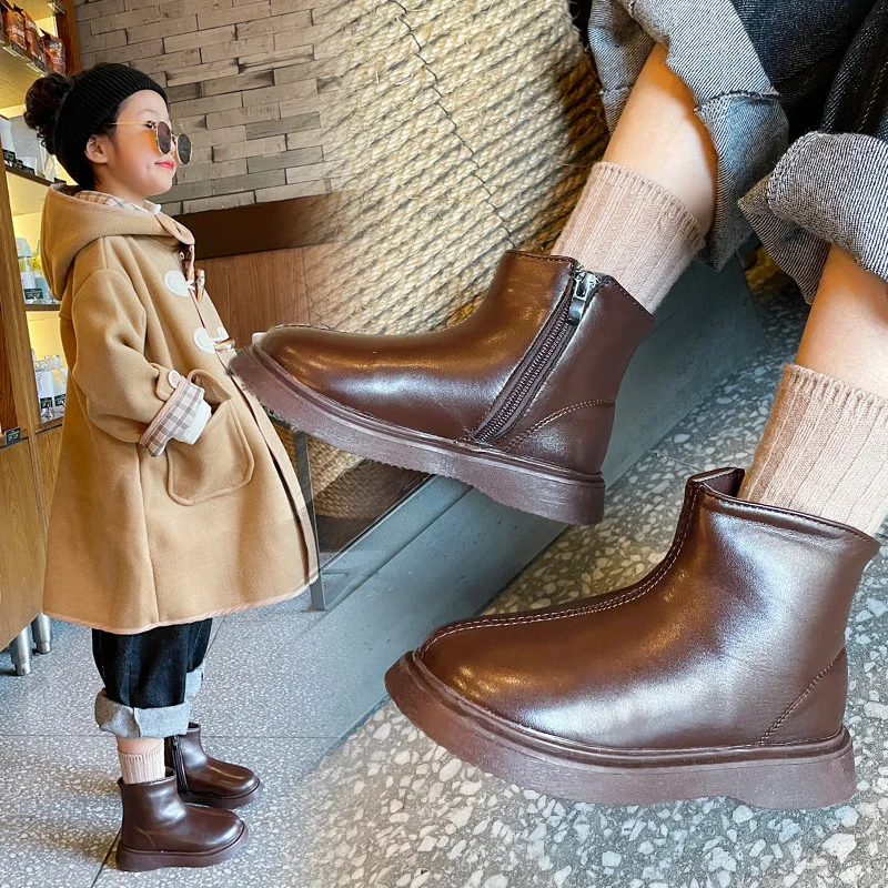 Winter Children Shoes Quality Leather British Style Martin Boots Girls Leather Shoes Chelsea Short Boots Children Ankel Boots enlarge
