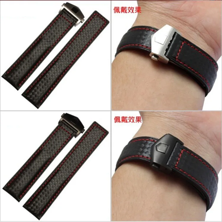 New Arrival Watch Band Bracelets 20mm 22mm Carbon Fibre Watch Strap Black deployment steel clasp cowhide leather bottom fashion