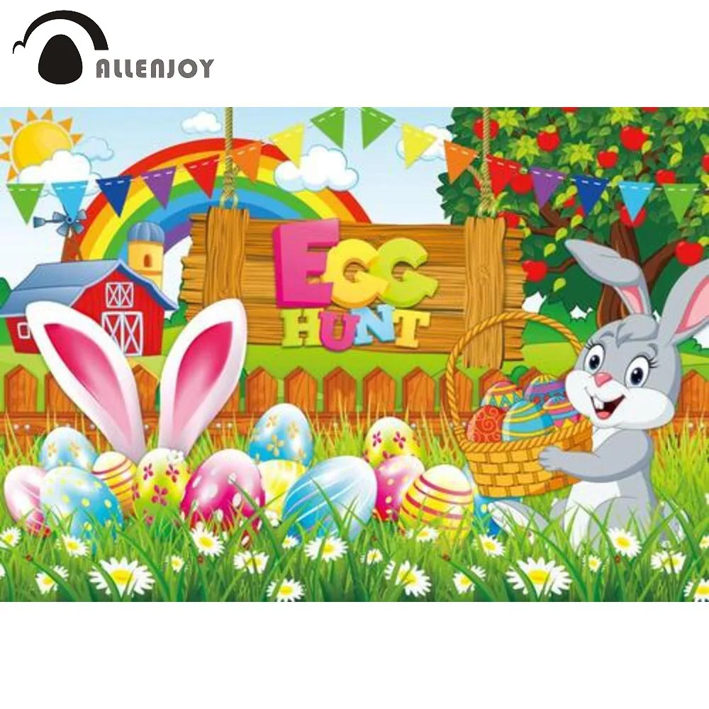 

Allenjoy Bunny Easter Egg Hunt Backdrop Spring Garden Baby Shower Rainbow Birthday Party Holiday Decor Photozone Background