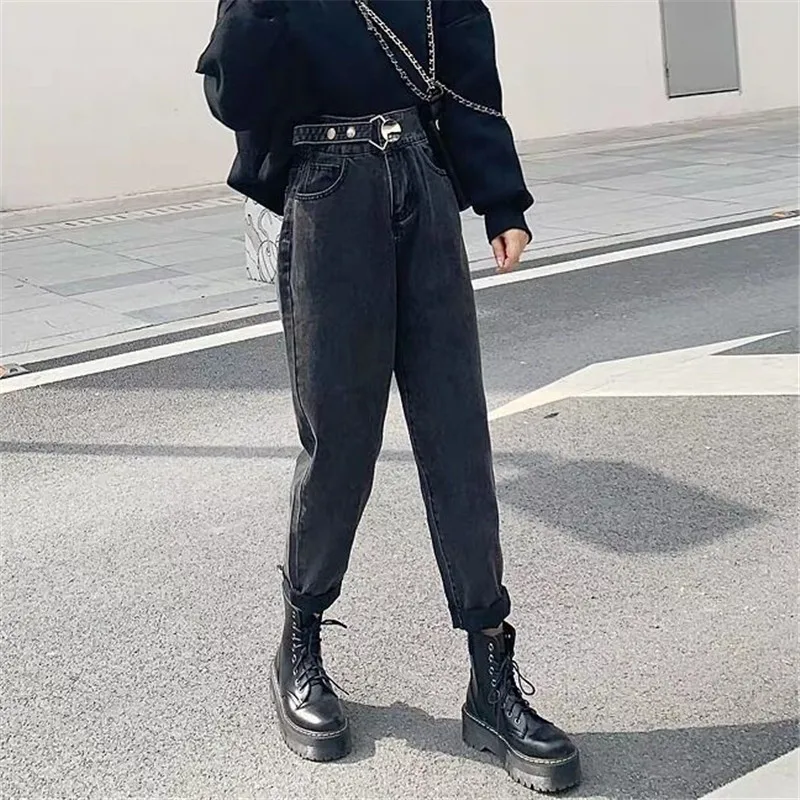 В винтажном стиле Из хлопка с высокой талией джинсы в для женщин бойфренда черный
