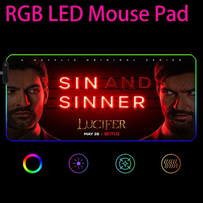 

TV Show Lucifer 80x30 Big Mouse Pads Gaming RGB Glowing XXL Rubber Base Softy Durable Waterproof Desk Pad for Gamer Playing mat