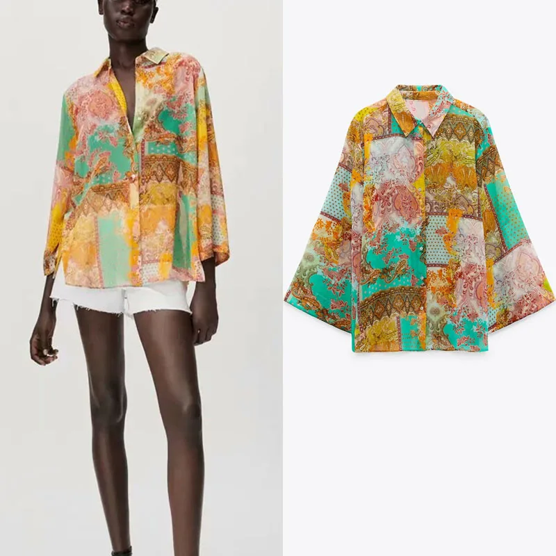 

Za Summer Casual Lapel Print Shirt V-neck Long Sleeve Vintage Front Single-breasted Design Large Size Office Flora Elegant Shirt