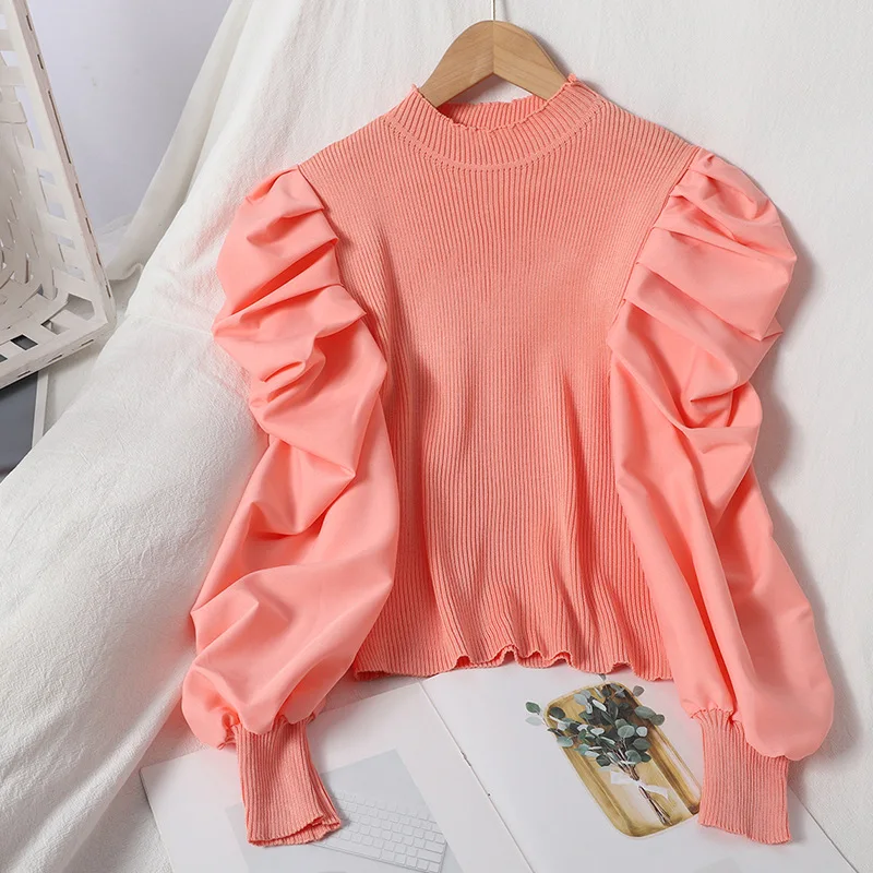 

Elegant Fashion Solid Women Blouse Autumn Winter Sweet Puff Long Sleeve Knitted Tops Pullovers