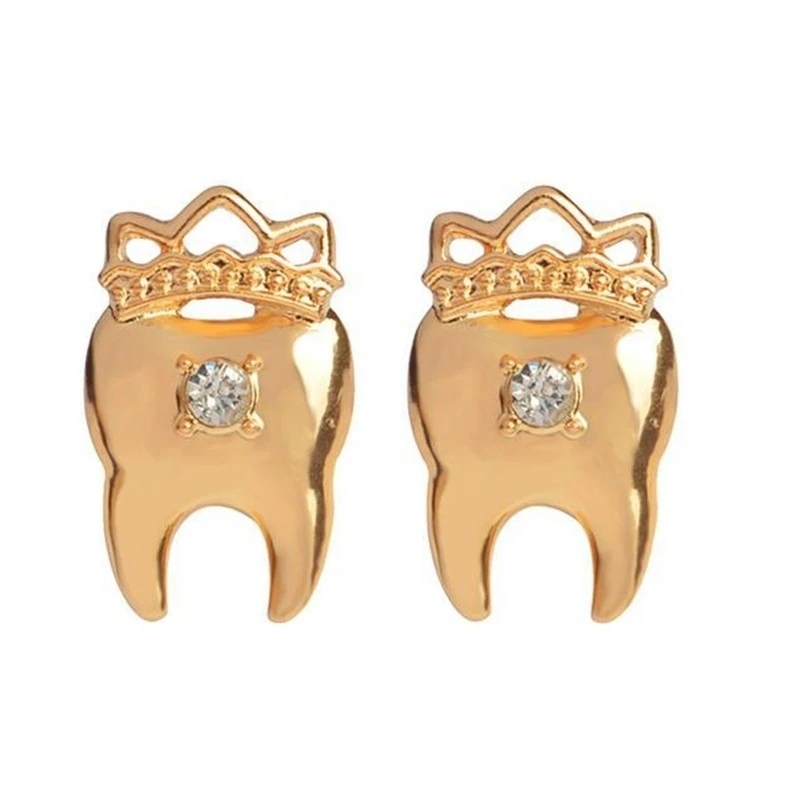 

Ladies Gold Inlaid Crystal Diamond Teeth Model Crown Earrings Jewelry