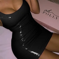 2021 pu leather with gloves party dress women zipper backless sexy hot clubwear skinny slim solid fashion bodycon mini dresses