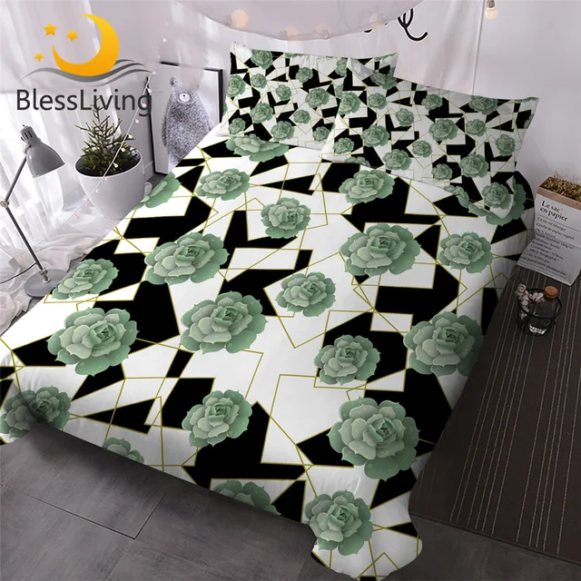 BlessLiving Succulent Bedding Set Geometric Duvet Cover White Black Marble 3-Piece Bedspreads Botanical Modern Chic Home Bed Set 1