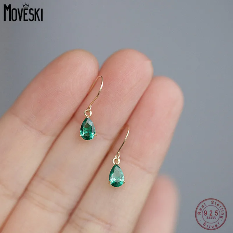 

MOVESKI New Retro Water Drop Earrings 100% 925 Sterling Silver Sparkling Green Zircon Stud Earring For Women Wedding Jewelry
