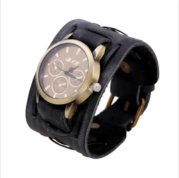 W01379 retro black Винтажные Ретро Большие широкие часы с ремешком из натуральной кожи, мужские панк кварцевые часы-манжета, наручные часы, браслет, браслет, relogio masculino - Цвет: W01379 retro black