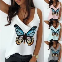 womens summer tanks tops butterfly printed fasion sleeveless streetwear sexy off shoulder v neck loose white t shirt