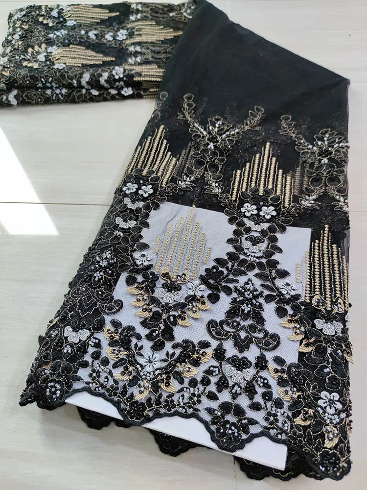 

Latest French Tulle Net Lace Fabric High Quality African Lace Fabric Elegant Embroidery With Upscale Bead Nigerian Lace Material