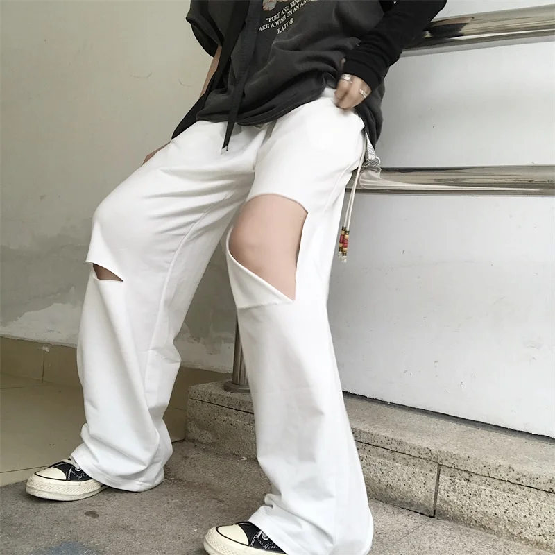 

new hole women's Clothing straight harajuku Korean Casual Chic loose high waist hipster bf long wide leg pants sweatpants ladies
